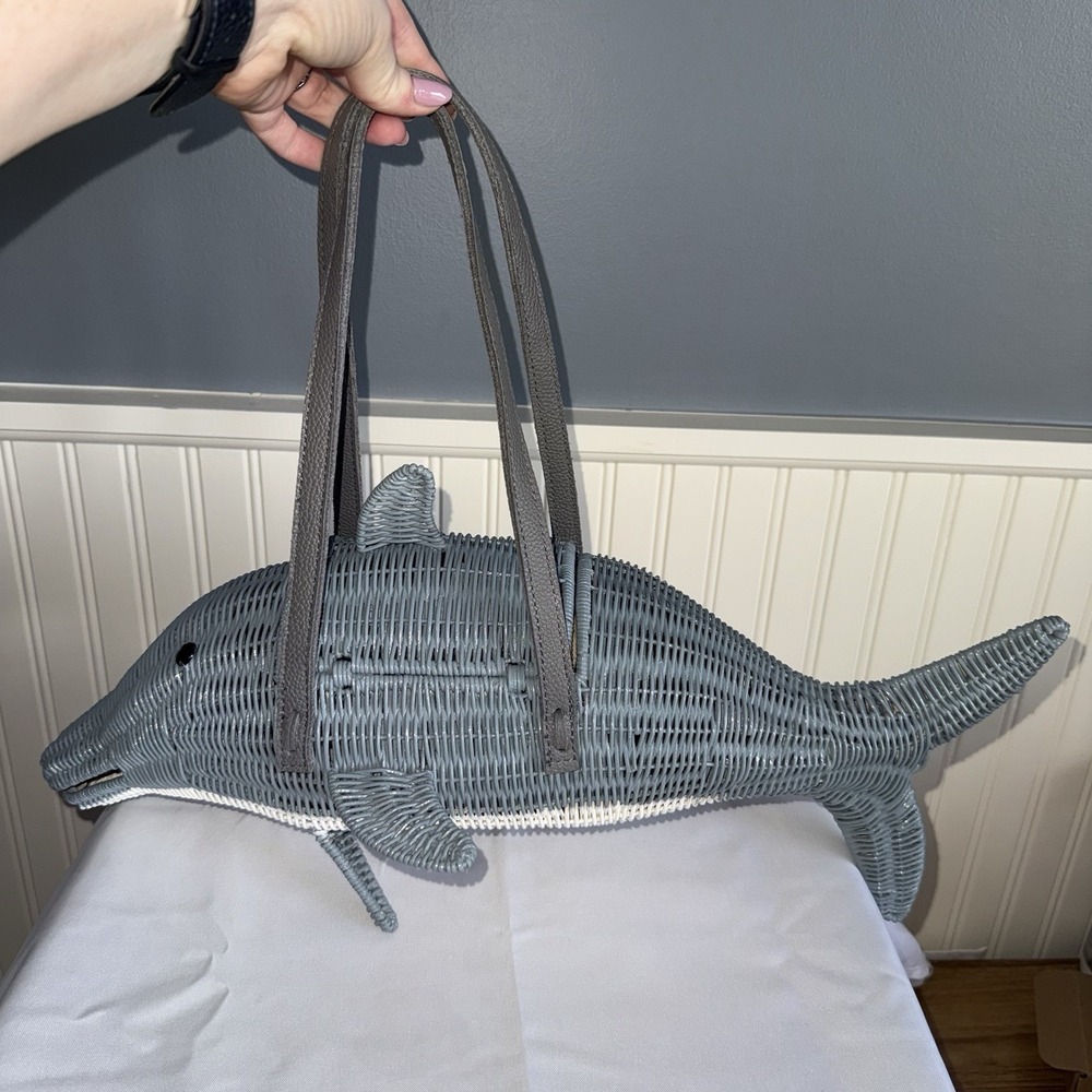 Wicker Darling Gray Straw Dolphin Mystery Sea Friend Handbag Purse Shoulder Bag